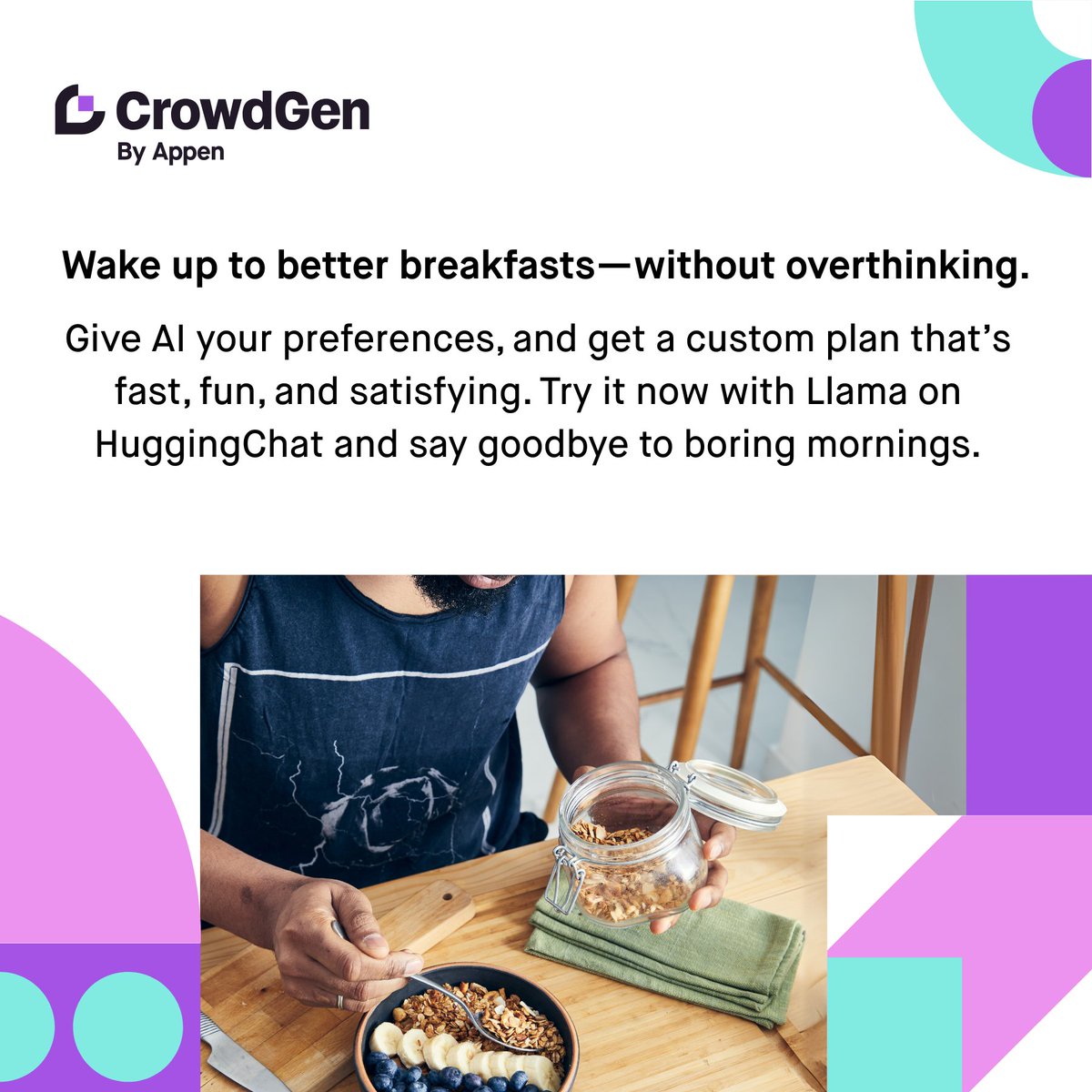 crowdgenbyappen's tweet photo. 🥣 Planning breakfast for the week? Let AI make it easier.
With just one prompt,
🧠 No more guessing what to eat—just simple, stress-free mornings.
📲 Check it out!
#AIforEverydayUse #CrowdGen #HuggingChat #HowToUseAI https://t.co/11C5gRmRwT