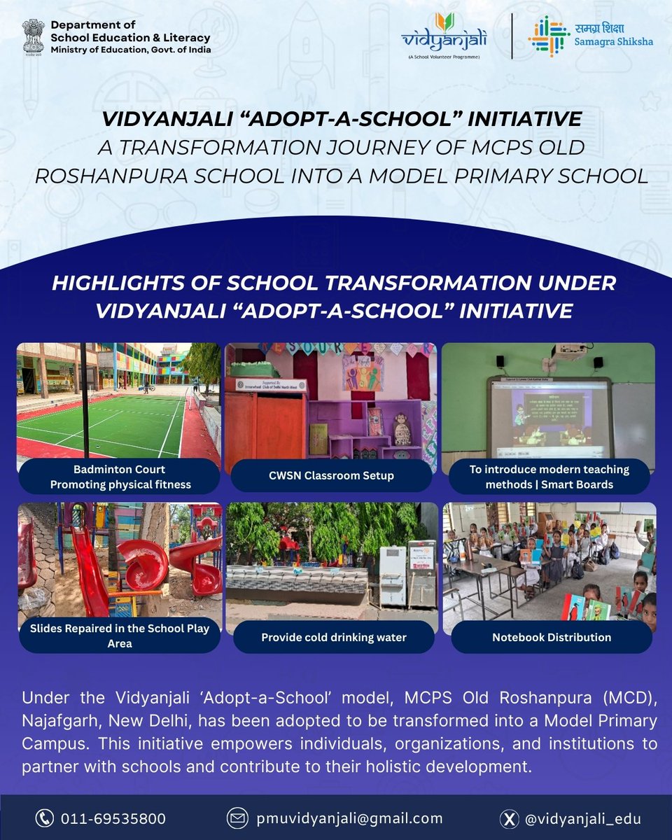 EduMinOfIndia's tweet photo. MCPS Old Roshanpura (MCD), Najafgarh, is on its way to becoming a Model Primary School under the transformative Vidyanjali “Adopt-a-School” Initiative. With 39 impactful interventions—from digital learning to infrastructure upgrades—this initiative is unlocking new opportunities for holistic and inclusive education. 
#Vidyanjali #NEP2020