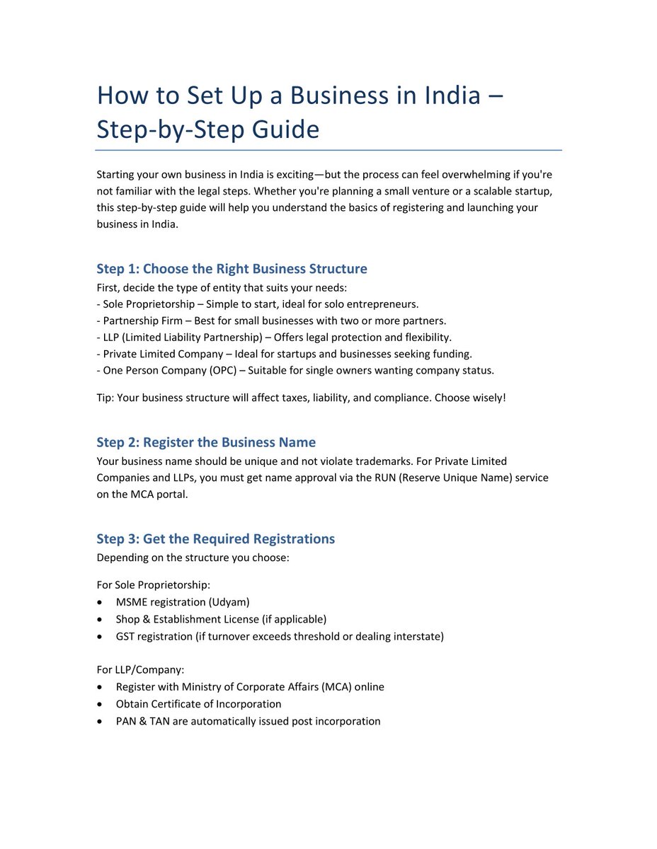 tg_621's tweet photo. Starting a business in India?

This guide walks you through every key step—from choosing the right structure to launching your brand.

Learn about legal registrations, tax compliance, and must-have licenses. Perfect for entrepreneurs ready to turn ideas into action! https://t.co/lwqIbcX3Hq