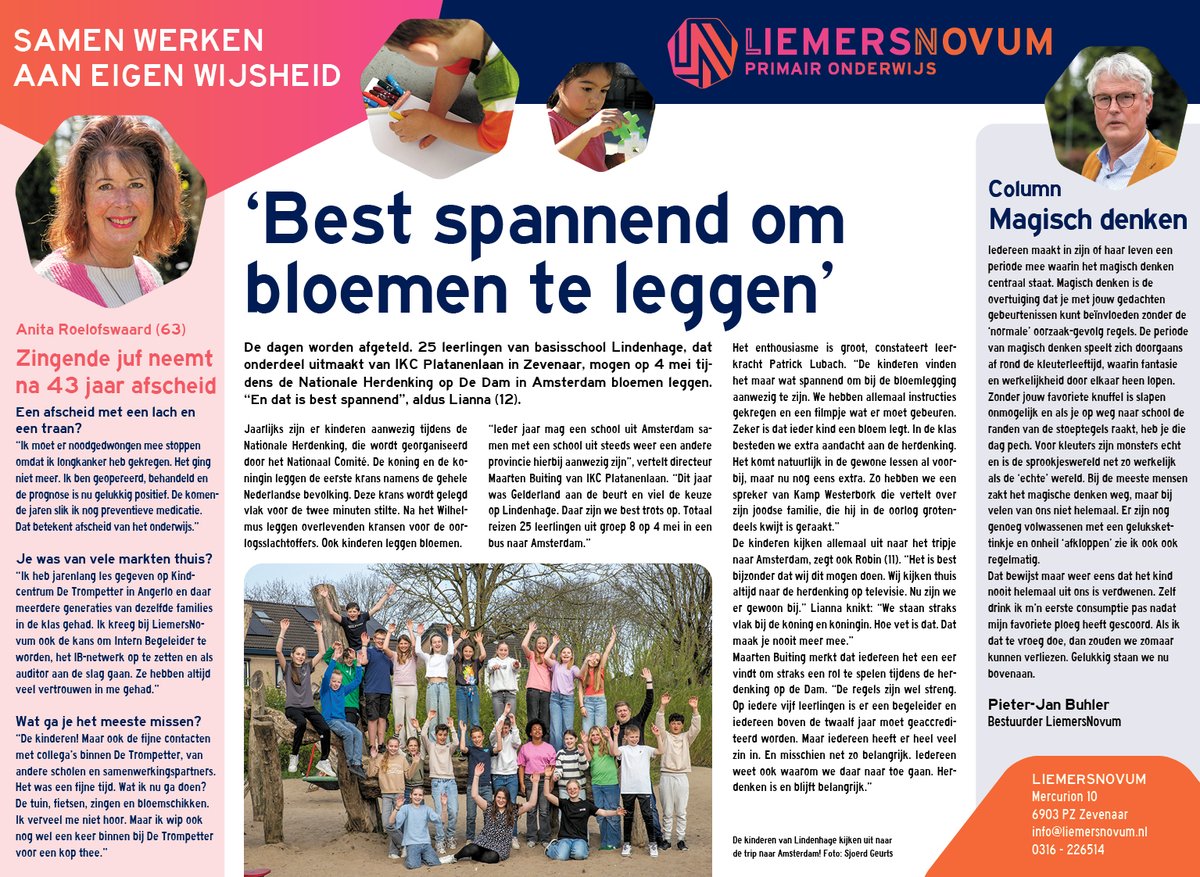 Een eer voor 25 leerlingen van basisschool Lindenhage: op 4 mei leggen zij bloemen op De Dam.
In de spotlight ook: Anita Roelofswaard, de zingende juf uit Angerlo, neemt afscheid van het onderwijs.
Lees de nieuwsflits nu online! Ook in de lokale kranten deze week.