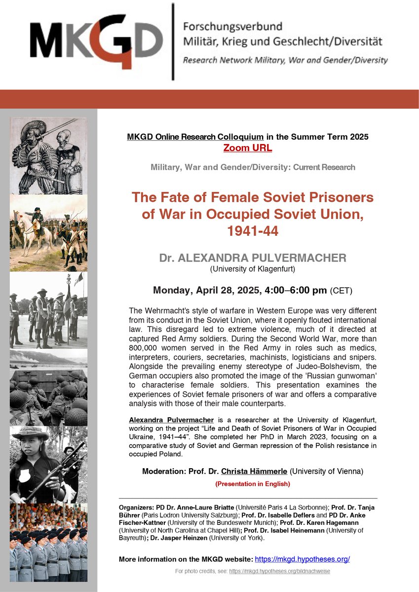 Portal Militärgeschichte (@portalmilitrge1) on Twitter photo »The Fate of Female Soviet Prisoners of War in Occupied Soviet Union« – Alexandra Pulvermacher (<a href="/uni_klagenfurt/">Universität Klagenfurt</a>)will hold the first presentation in the online colloquium of the #MKGD this semester. (JB)
#milhist
mkgd.hypotheses.org/current-term »The Fate of Female Soviet Prisoners of War in Occupied Soviet Union« – Alexandra Pulvermacher (<a href="/uni_klagenfurt/">Universität Klagenfurt</a>)will hold the first presentation in the online colloquium of the #MKGD this semester. (JB)
#milhist
mkgd.hypotheses.org/current-term