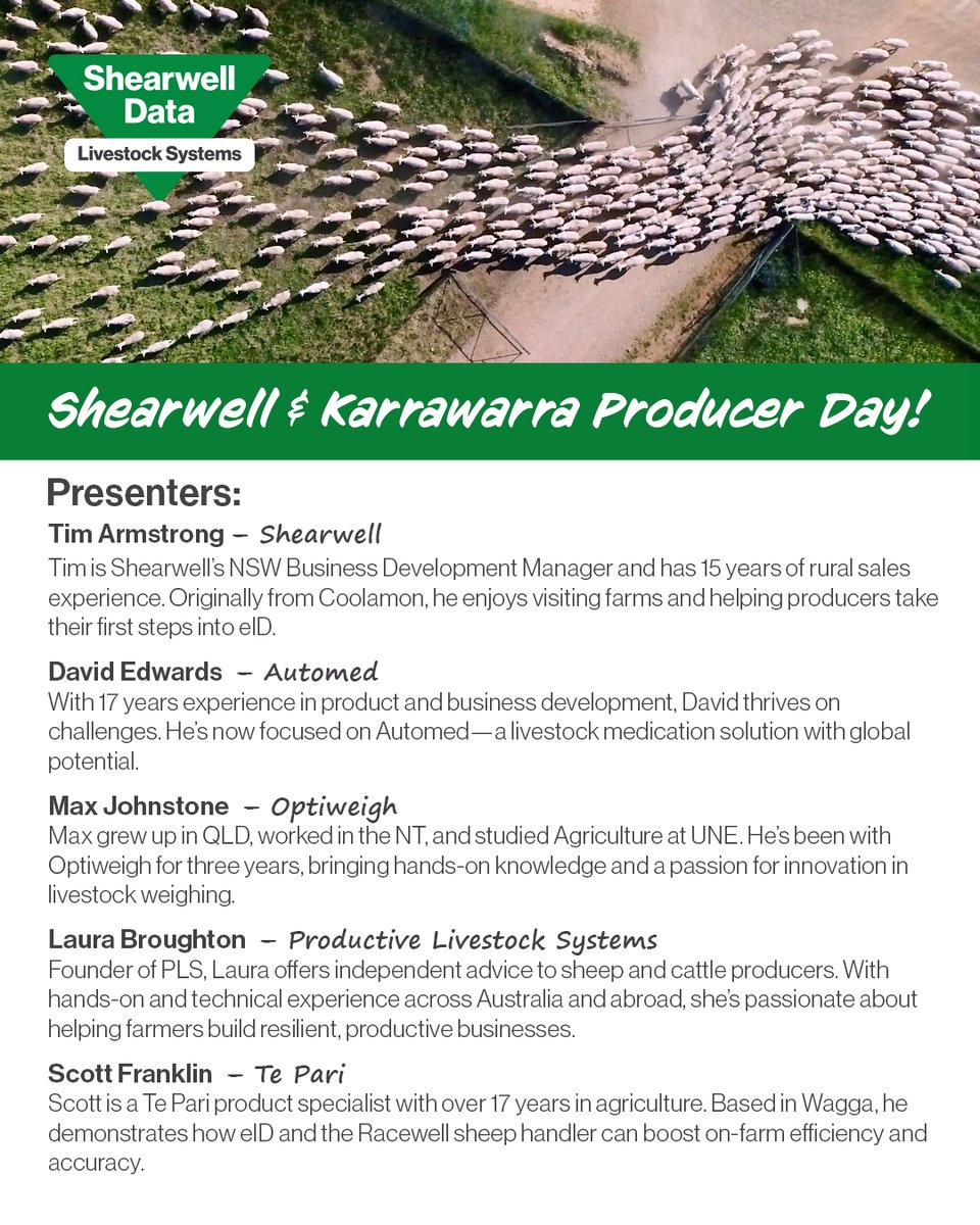 karrawarra's tweet photo. Come along to our Shearwell on farm eID Producer morning 
🗓️Wednesday 14th May at 8:30am 
☕️Breakfast &amp; Morning Tea 
Join us for informative workshops on using eIDs and the benefits to your operation 
☎️Vanessa Herbert 0427434227 
🎯More info in comments https://t.co/T4ulbeNLWw