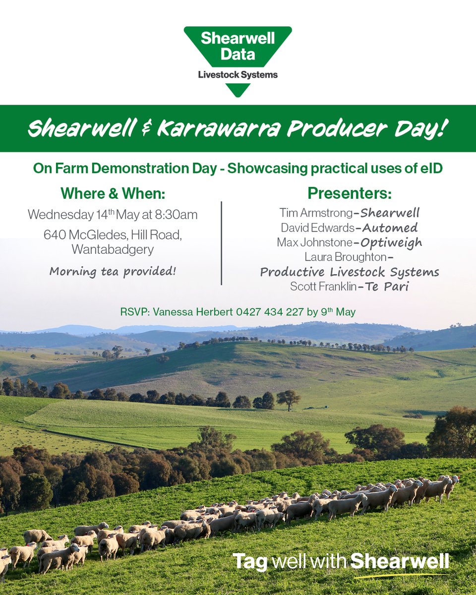 karrawarra's tweet photo. Come along to our Shearwell on farm eID Producer morning 
🗓️Wednesday 14th May at 8:30am 
☕️Breakfast &amp; Morning Tea 
Join us for informative workshops on using eIDs and the benefits to your operation 
☎️Vanessa Herbert 0427434227 
🎯More info in comments https://t.co/T4ulbeNLWw