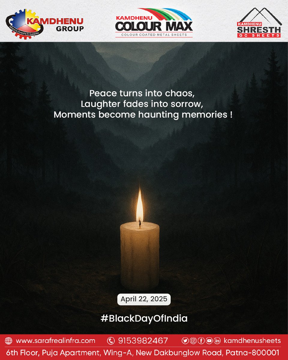 KamdhenuSheets's tweet photo. 🖤 Black Day – Pahalgam Attack
A day etched in sorrow. A wound that still aches.

We remember the innocent lives lost in the heartless terrorist attack on tourists in Pahalgam.

#pahalgamattack #restinpeace https://t.co/FwwqFAtm73