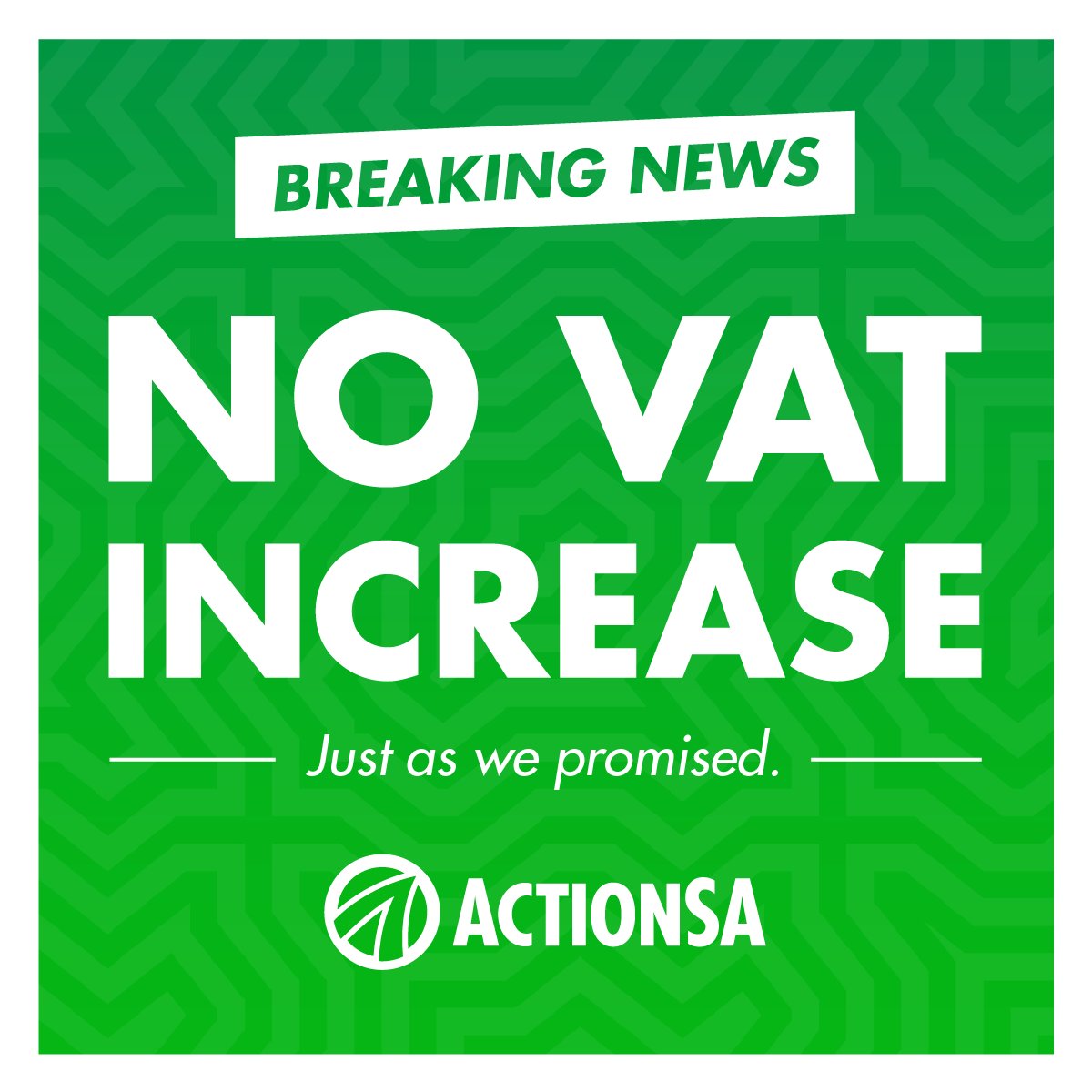 This victory is for you, South Africa!

We said there would be NO VAT increase, and we delivered on our promise.

As ActionSA, we will continue to fight to ensure that you, South Africans, are protected from unnecessary tax hikes.