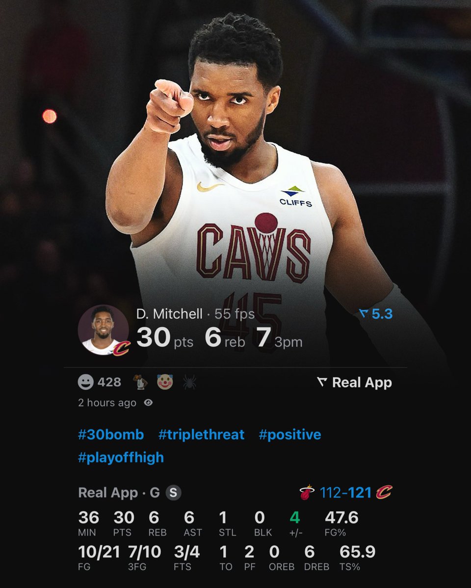 realapp_'s tweet image. Donovan Mitchell joins LeBron James as the only Cavs with multiple playoff games with:
30+ PTS
5+ REB
5+ AST
5+ 3PM