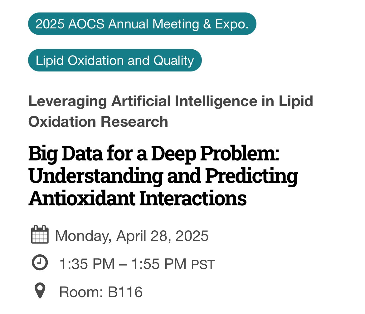 MicroAnalytical Chemistry Lab (@microanalytic11) on Twitter photo Heading to the <a href="/aocs/">AOCS (The American Oil Chemists' Society)</a> meeting…
aocs2025.eventscribe.net/fsPopup.asp?Pr… Heading to the <a href="/aocs/">AOCS (The American Oil Chemists' Society)</a> meeting…
aocs2025.eventscribe.net/fsPopup.asp?Pr…