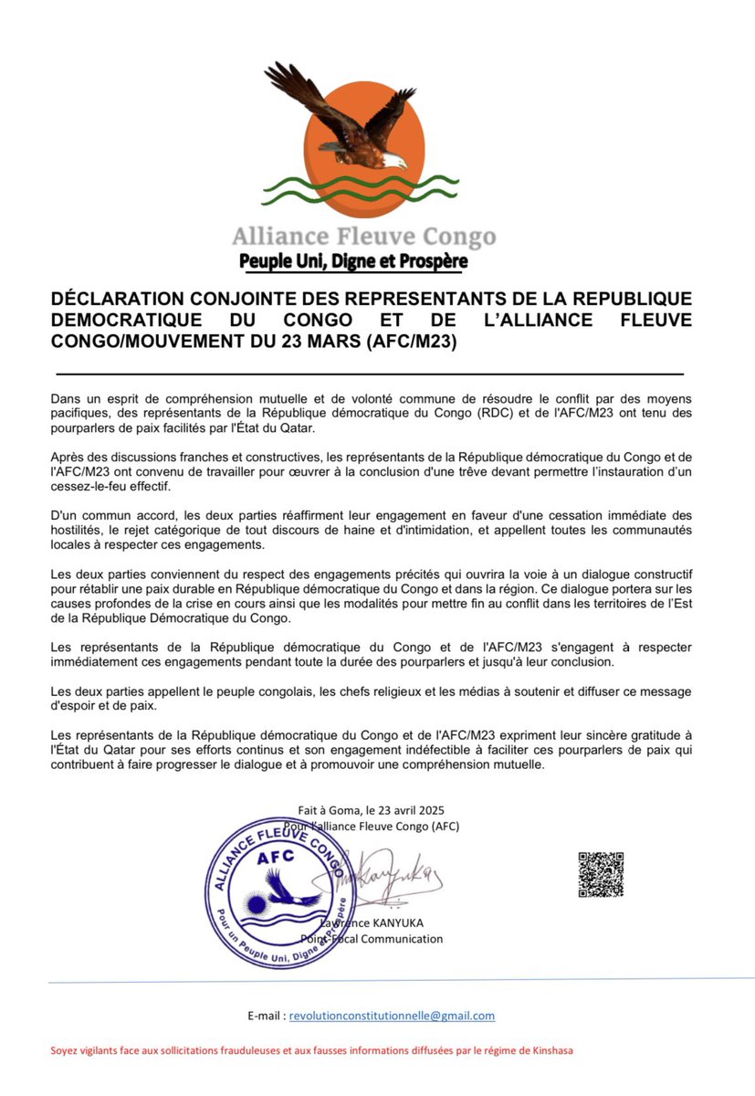 Cette déclaration conjointe entre le gouvernement de la RDC et l'AFC/M23, sous l'égide du Qatar, constitue un pas important - voire décisif - vers une paix durable à l'est de la République démocratique du Congo, pourvu qu'elle soit mise en application en toute bonne foi. 

Cet