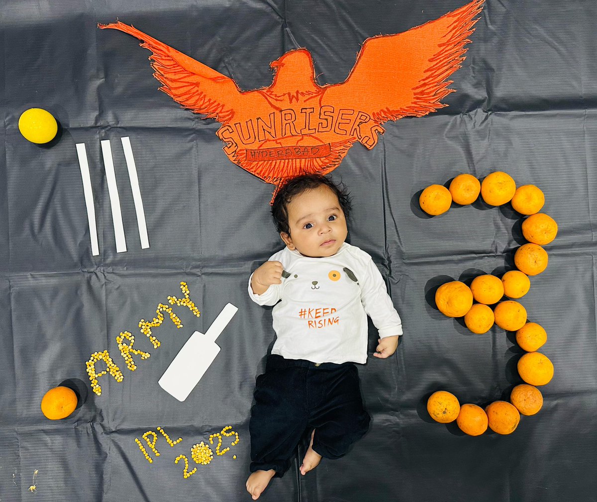 shivayacham's tweet photo. @SunRisers 

Match day at the stadium and my little son supporting orange army as he turned 3 months old yesterday🧡!

@srhfansofficial

#iplt20 #OrangeArmy #SRHvsMI #PlayWithFire https://t.co/KA9MN2LpDO