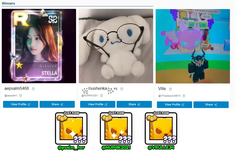 Congrats <a href="/aepsalm1/">aepsalm5468</a>, <a href="/NUR4IK2021/">꧁Inushenka꧂🇵🇸</a> &amp; <a href="/VTroedsson29815/">Ville</a> you won! 🎉 Check your Mail and Enjoy 🫰🏻
