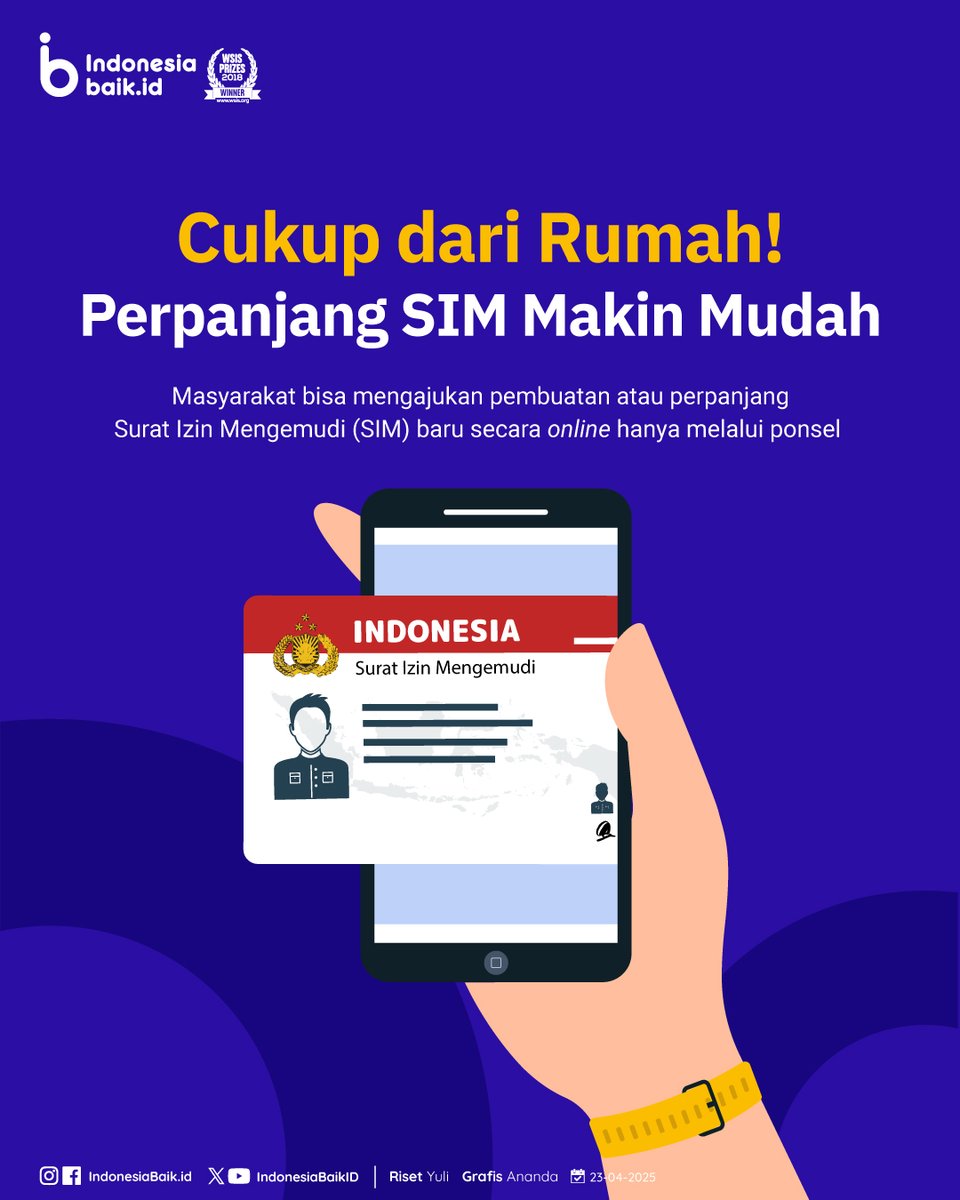 IndonesiaBaikId's tweet photo. Sekarang SohIB bisa mengajukan pembuatan atau perpanjangan #SIM secara online lewat aplikasi Digital Korlantas POLRI
Nggak perlu antre, cukup dari rumah aja‼️
Yuk, simak caranya😉
@NTMCLantasPolri
#IndonesiaBaik #EdukasiInformasi #SuratIzinMengemudi #SIMOnline #KomdigiNewsroom https://t.co/Y8et9KAE9h