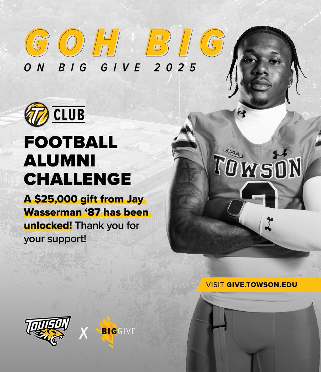 Tiger Athletic Fund (@towson_taf) on Twitter photo It's never too late to unlock a challenge gift! Congratulations to <a href="/Towson_FB/">Towson Football</a> on reaching their donor count and securing a $25,000 gift from football alum Jay Wasserman '87. #TUBigGIve #GohTigers It's never too late to unlock a challenge gift! Congratulations to <a href="/Towson_FB/">Towson Football</a> on reaching their donor count and securing a $25,000 gift from football alum Jay Wasserman '87. #TUBigGIve #GohTigers