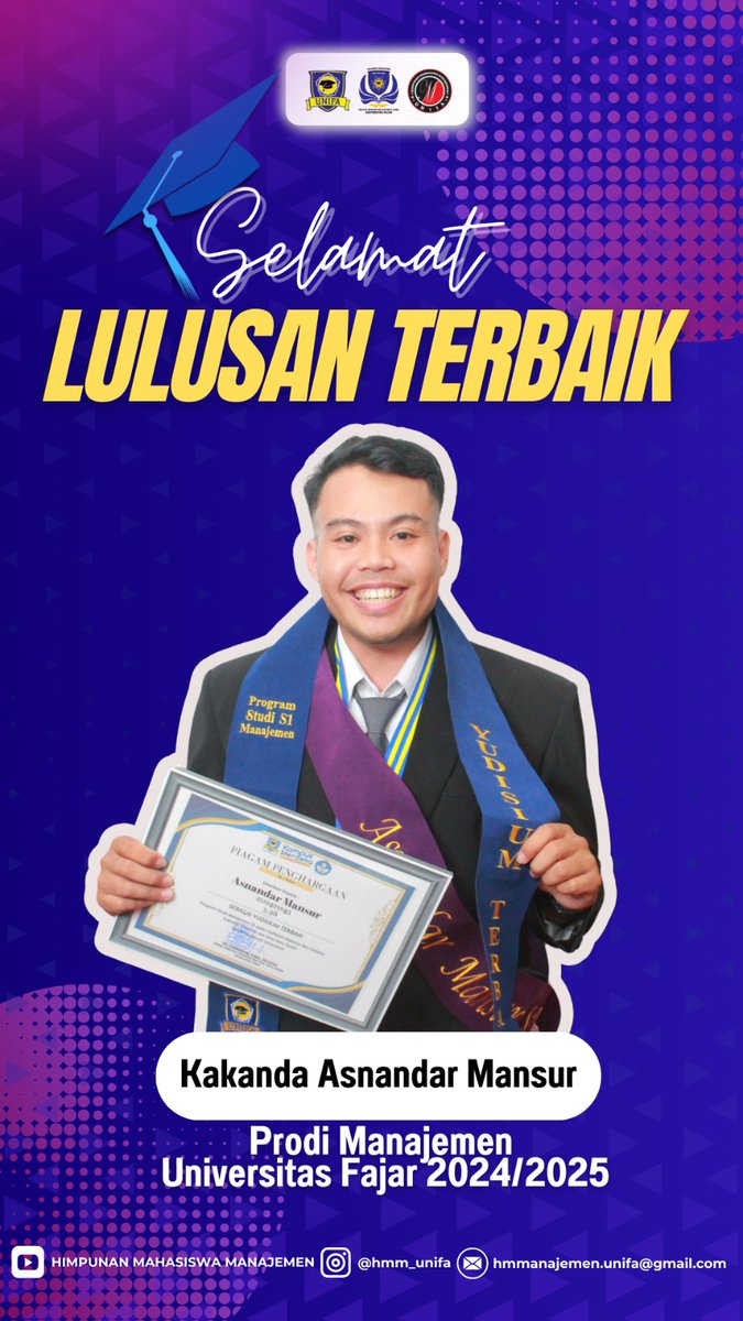 "Dengan bangga atas pencapaian luar biasa, kami mengucapkan selamat kepada *Kakanda Asnandar Mansur* lulusan terbaik Prodi Manajemen UNIFA. Semoga ilmu dan pengalaman yang kamu dapatkan dapat bermanfaat bagi masyarakat."

*#AKSIOMA*
*#KUASAI*