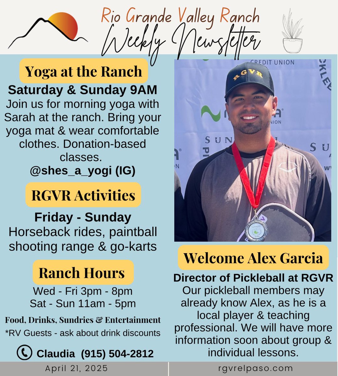 RGVR_Resort's tweet photo. #RGVR Events & Information for this week. April 21 - 27, 2025
https://t.co/25YNblR0hU
#rvlife #rvresort #canutillotx #rvresortlife #texasranch #horsebackriding #gokarts #RGVRRacing #elpasotx #todoelpaso #FoodTrucks #petfriendly #paintball #outdooryoga #RGVRPickleball https://t.co/qtcLWAxw9y