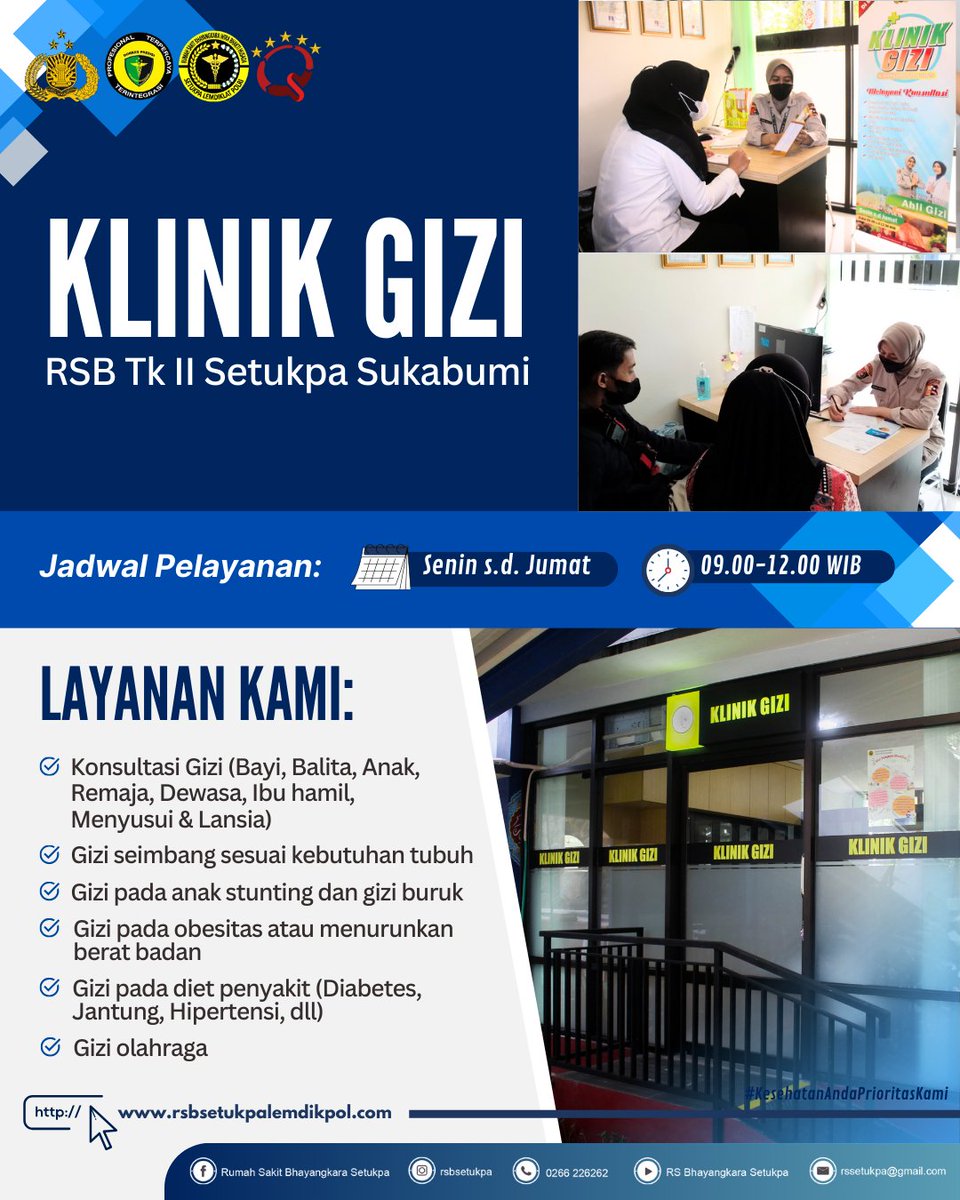 RSB_Setukpa's tweet photo. 🍽✨ KLINIK GIZI RSB Tk II SETUKPA SUKABUMI
Mau tahu bagaimana pola makan sehat yang tepat untuk kamu dan keluarga? Yuk, kunjungi Klinik Gizi kami!

🗓 Jadwal Pelayanan:
📅 Senin s.d. Jumat
⏰ Pukul 09.00 – 12.00 WIB https://t.co/CrdIxy3FcI