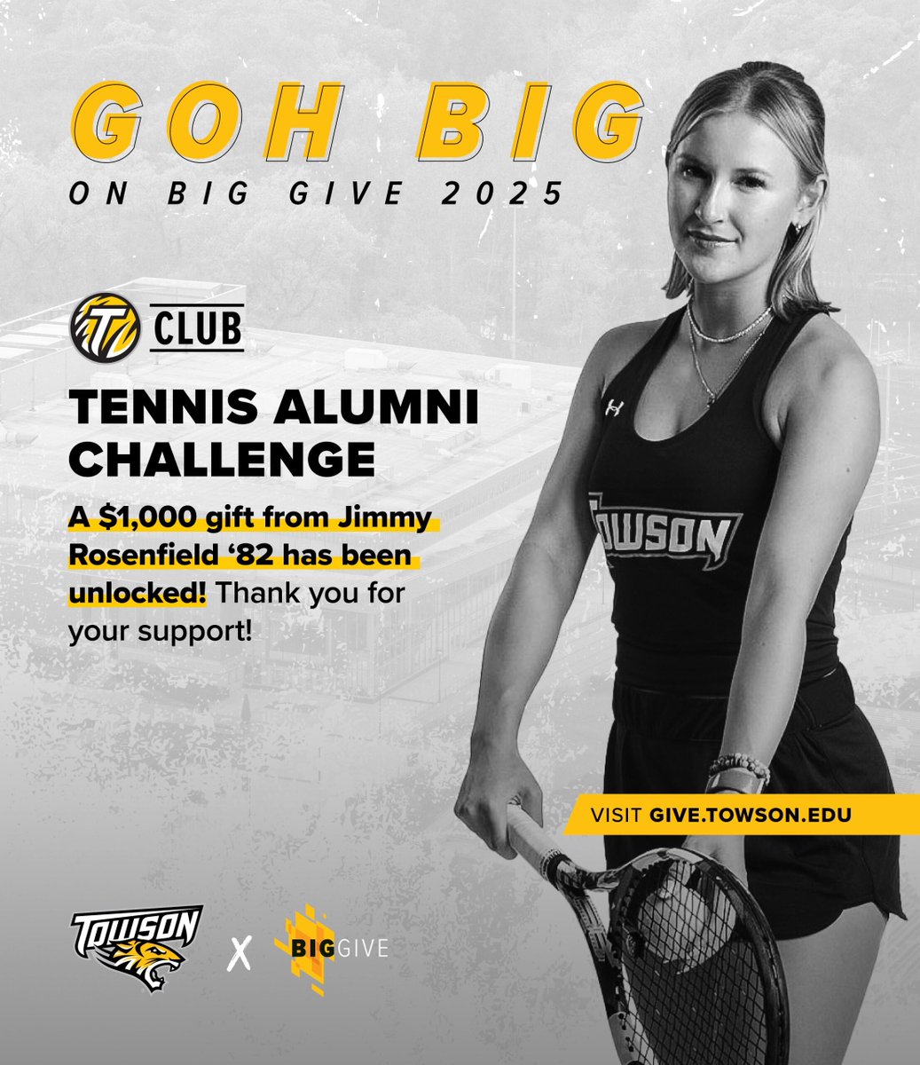 Tiger Athletic Fund (@towson_taf) on Twitter photo Another challenge gift has been unlocked thanks to <a href="/Towson_WTEN/">Towson Tennis</a> alumni coming through tonight. We can't thank TU alum Jimmy Rosenfield '82 enough for his support and the $1,000 gift. #TUBigGive #GohTigers Another challenge gift has been unlocked thanks to <a href="/Towson_WTEN/">Towson Tennis</a> alumni coming through tonight. We can't thank TU alum Jimmy Rosenfield '82 enough for his support and the $1,000 gift. #TUBigGive #GohTigers