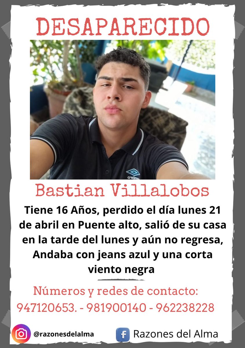 losdelcinco's tweet photo. Pedimos la máxima difusión de la imagen de Bastian , para que pronto vuelva a su hogar 
@MuniLaFlorida @GobiernodeChile @lacuarta @mariseka @metrodesantiago @TVN @chvnoticias @contigolamanana @canal13 @Mega @meganoticiascl @Carabdechile @PDI_CHILE https://t.co/RYgNKhIFzO