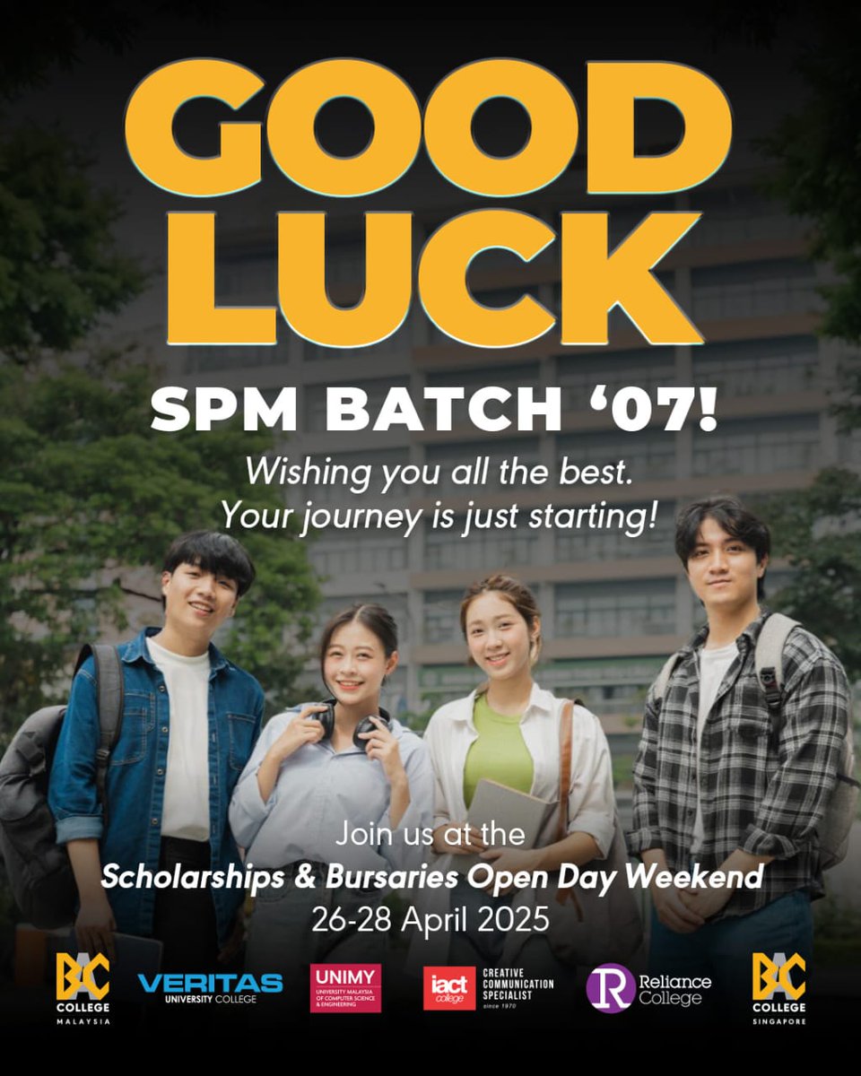 SPM Results Day is today, and we just want to say, ALL THE BEST! 

Don’t Miss our OPEN DAY WEEKEND planned for SPM leavers like you!
🗓️ 26th, 27th &amp; 28th April 2025
🕙 10am–5pm
📍 BAC Flagship Campus, PJ

#SPM2024 #spmresults #Batch07 #OpenDay #BAC #BACEducation