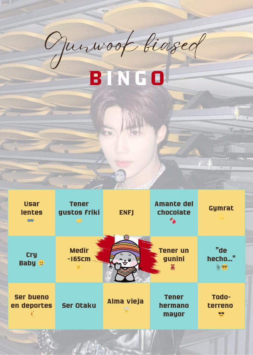 ¡BINGO TIME, ZEROSE! 🎯

¡Descubre que tan Gunwook biased eres con este bingo! 👾

Guarda la imagen, marca lo que te identifique, cita con #PeruIsWaitingForZB1 y menciona a <a href="/ZB1_official/">ZEROBASEONE</a> 

@ a más ZEROSE para seguir compartiendo ¡Vamos a llenar el tl de amor por Gunwook! 💙