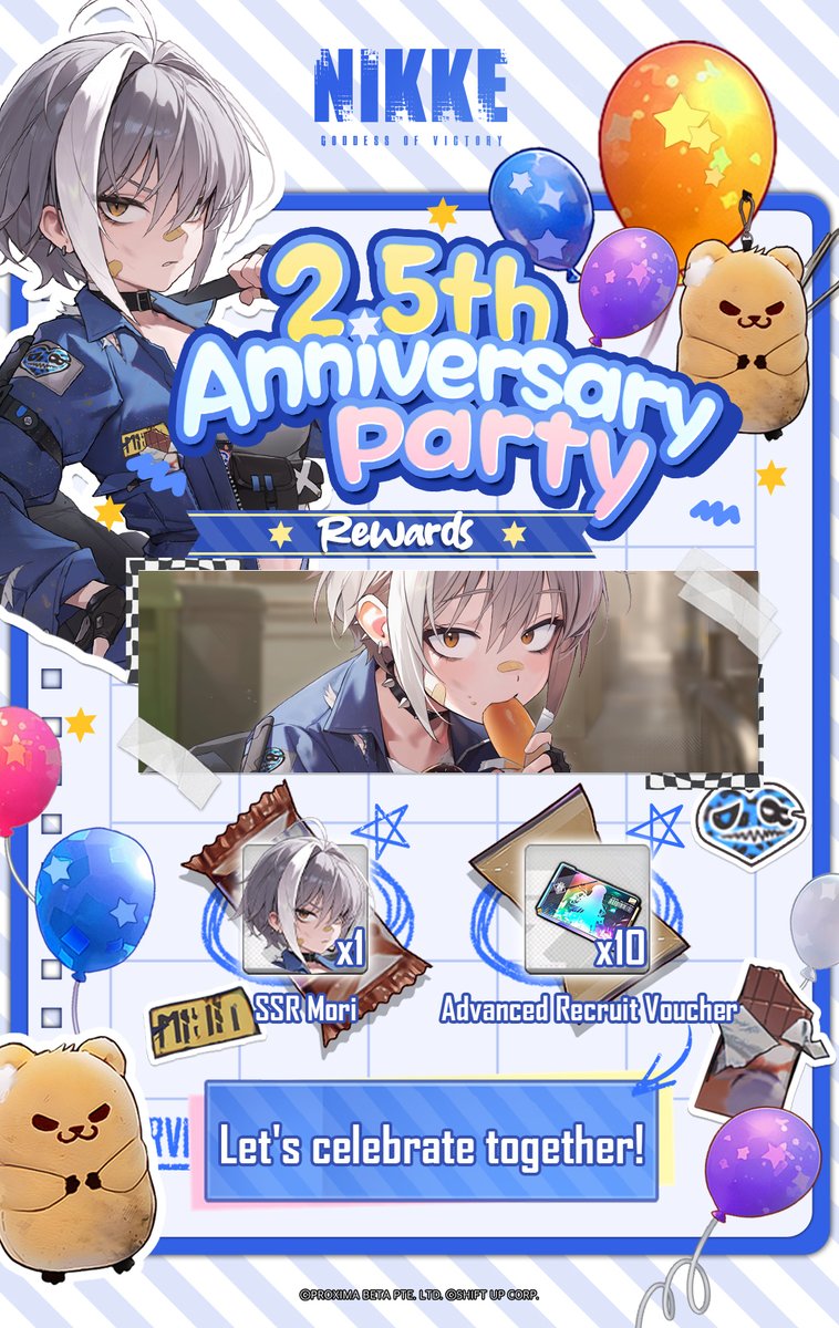 NIKKE_en's tweet photo. 【2.5th Anniversary Update Event】

🎁 Log in to the game to receive:
SSR NIKKE Mori ×1 and Advanced Recruit Voucher ×10!

Claim Period:
📅 ~ May 15, 04:59 (UTC+9)

#NIKKE #NIKKEAnniversary https://t.co/Nuv6oFTyWb