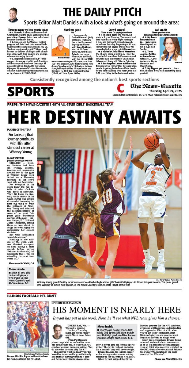 IlliniHQ (@illinihq) on Twitter photo Thursday's N-G sports cover features <a href="/JoeVozzelli/">Joe Vozzelli Jr.</a> on future <a href="/IlliniWBB/">Illinois Women's Basketball</a> point guard Destiny Jackson (<a href="/JacksonDestoo/">Destiny Jackson</a>) as our 48th All-State girls' basketball Player of the Year, plus <a href="/BobAsmussen/">Bob Asmussen</a> on #Illini wide receiver Pat Bryant and <a href="/mdaniels_NG/">Matt Daniels</a>'s Daily Pitch.
<a href="/APSE_sportmedia/">APSE</a> Thursday's N-G sports cover features <a href="/JoeVozzelli/">Joe Vozzelli Jr.</a> on future <a href="/IlliniWBB/">Illinois Women's Basketball</a> point guard Destiny Jackson (<a href="/JacksonDestoo/">Destiny Jackson</a>) as our 48th All-State girls' basketball Player of the Year, plus <a href="/BobAsmussen/">Bob Asmussen</a> on #Illini wide receiver Pat Bryant and <a href="/mdaniels_NG/">Matt Daniels</a>'s Daily Pitch.
<a href="/APSE_sportmedia/">APSE</a>