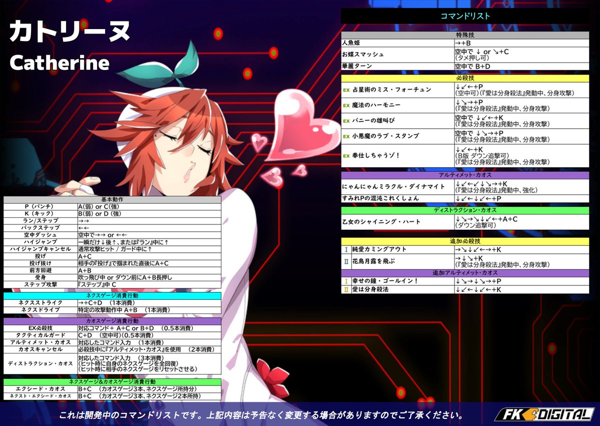 FKD_CC's tweet image. 《#カオスコード ネメシスエクスペリメント》
『ロケテスト用コマンド表』
先日の発表から待ちきれない方も多いかと思います！
今回は最新のコマンド表を公開！8方向＋4ボタンの操作で、特殊操作も記載しています。
ぜひシステム紹介動画とあわせてご覧ください！
(1/4) #CCNEXT #Chaoscode