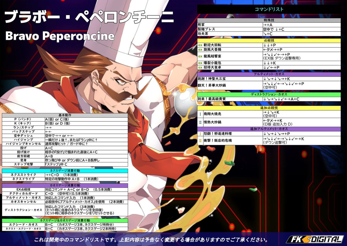 FKD_CC's tweet image. 《#カオスコード ネメシスエクスペリメント》
『ロケテスト用コマンド表』
先日の発表から待ちきれない方も多いかと思います！
今回は最新のコマンド表を公開！8方向＋4ボタンの操作で、特殊操作も記載しています。
ぜひシステム紹介動画とあわせてご覧ください！
(1/4) #CCNEXT #Chaoscode