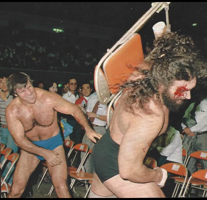 "The Living Legend" Bruno Sammartino,taking the fight to Bruiser Brody during their bout in Yokohama,Kanagawa,Japan back on October 7,1981.match ended in a double countout