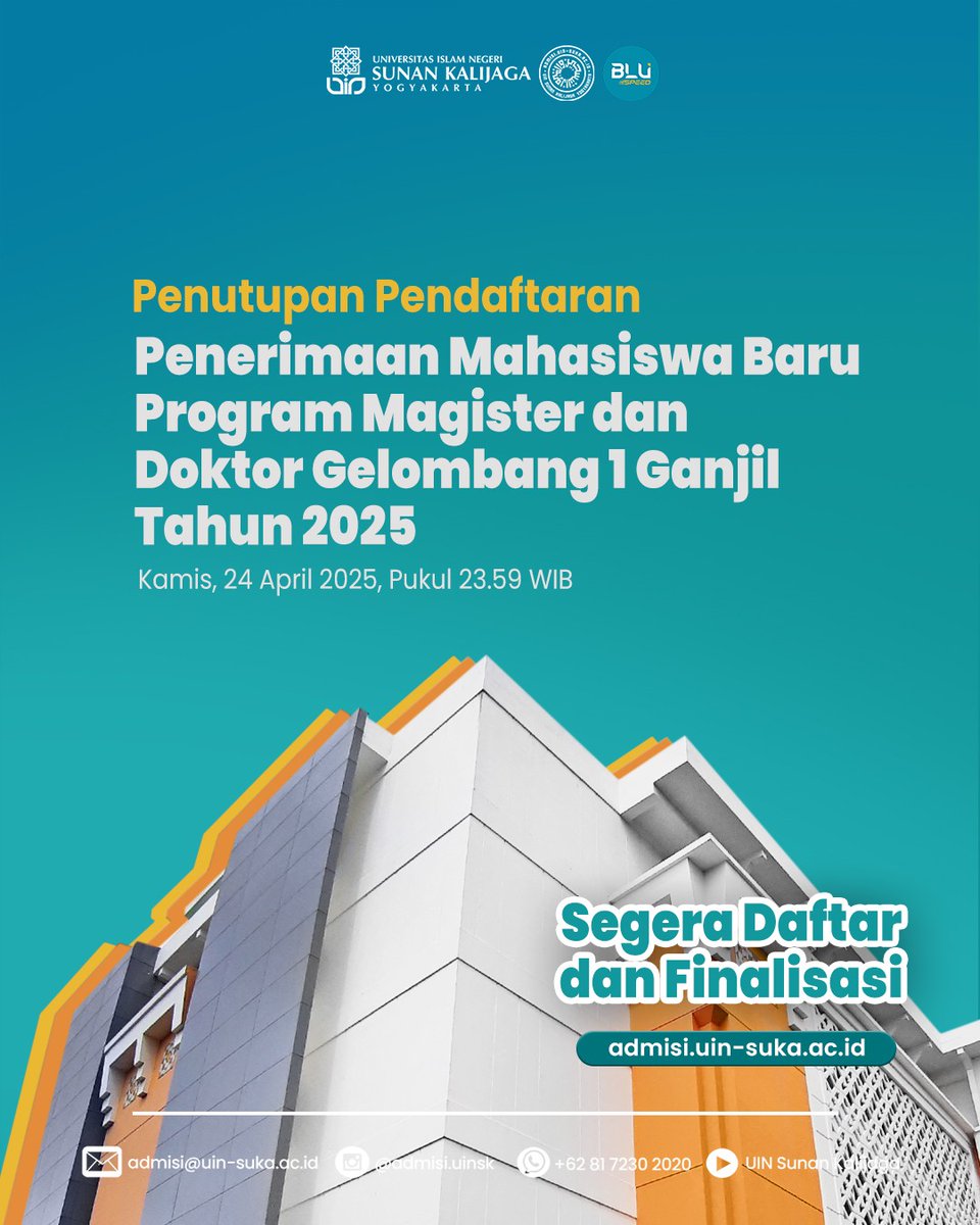 PMB S2 dan S3 UIN Sunan Kalijaga Yogyakarta akan ditutup hari ini pukul 23.59 WIB melalui laman admisi.uin-suka.ac.id.
Pastikan sudah tercetak/download kartu PMBmu, ya! 
#uinsk #uinsuka #uinsunankalijaga #uinsukaunggul #magister #doktor #pmb2025 #uinjogja