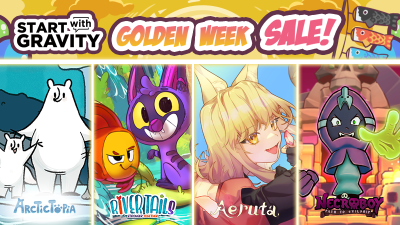 start_gravityEN's tweet photo. Golden Week has begun in Japan!✨🎏
Announcing the Golden Week Sale!
🗓️Until Wed. May 7th 8:00PM (PDT)

Get select #STARTwithGRAVITY titles!
🐻‍❄️#ARCTiCTOPiA 70% OFF
🐈️#RiverTails 40% OFF
🦊#Aeruta 10% OFF
💀#Necroboy 70% OFF

#Steam

https://t.co/Ne7f0IY9Bl https://t.co/Tg70r8mSvy