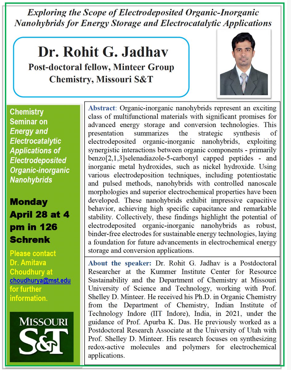 📢 Dr. Jadhav will present his work on energy storage &amp; electrocatalysis. Come support one of our outstanding postdocs! ⚡🧪 Monday, April 28, at 4:00 PM in Schrenk 126. <a href="/sandtcase/">S&T College of Arts, Sciences, and Education</a>