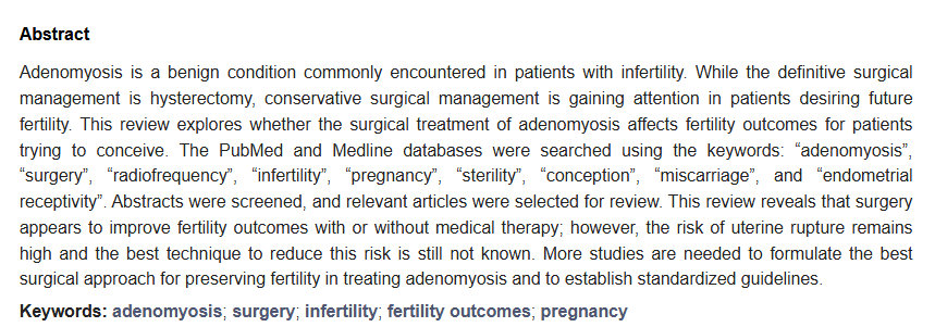 #mdpijcm
📢 Happy to share the #Review paper "The Impact of Conservative Surgical Treatment of #Adenomyosis on Fertility and Perinatal Outcomes"
👏mdpi.com/2765918
👥by  Gaby Moawad et al.<a href="/Youssef__MD/">Youssef Youssef</a> 
Views 2698, Citations 5🙌