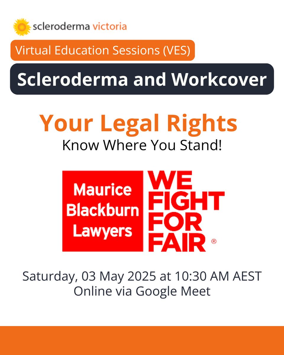 For our May Virtual Education Session, we’ll be exploring ‘Your Legal Rights – Know Where You Stand!’

WHEN: Saturday, 3rd May at 10:30 AM AEST
WHERE: Online via Google Meet
Register here: eventbrite.com.au/e/ves-sclerode…

See you there!

#SclerodermaAwareness #KnowYourRights #VES