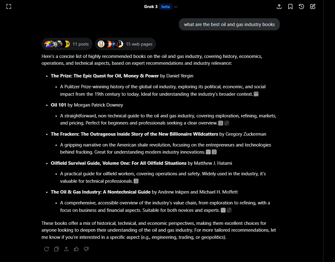 MatthewHatami's tweet photo. I asked Grok, "What are the best oil and gas industry books?". Grok listed five books including Oilfield Survival Guide. (see below) #oilandgas https://t.co/DeprcZb03D