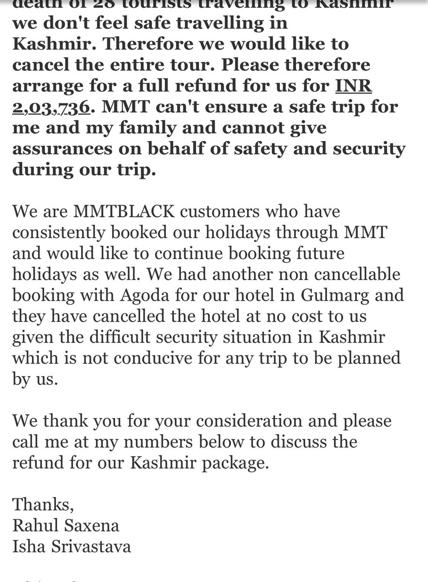rahulsaxena_63's tweet photo. @makemytrip requested for Kashmir trip cancellation&amp;full refund owing to security situation. Clearly a force majeure terrorist attack, MMT being a travel brand should support your valued customers! Presently we will not be safe in J&amp;K. MMT silence isn’t response @DeepKalraMMT https://t.co/pwfa1rJiQf