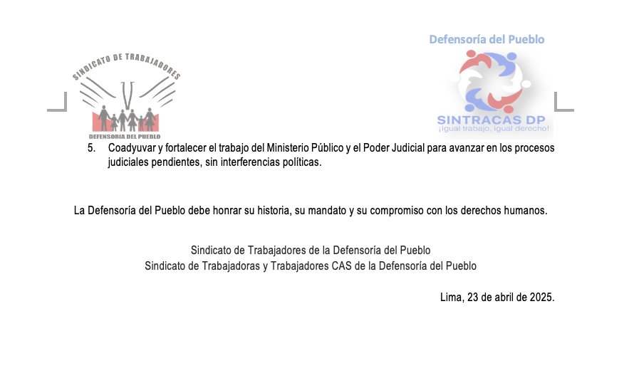jsudaka's tweet photo. Los dos sindicatos de la @Defensoria_Peru corrigen al defensor Josué Gutiérrez y a su adjunto de DDHH luego del roche de ayer. 

Con claridad señalan que la amnistía frente a graves violaciones de DDHH no promueve la reconciliación y genera impunidad. https://t.co/gWSjDp3zRJ