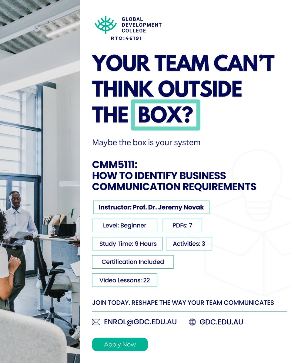 gdc_college's tweet photo. 🚫 Struggling with team creativity?
💡 Maybe the problem isn’t your team—it’s the system they’re stuck in.

📩 Enroll now: enrol@gdc.edu.au
🌐 Visit: https://t.co/xrSOCOAyxC
📍Start reshaping the way your team communicates—today.

#BusinessCommunication #CriticalThinking https://t.co/Vr1MqfHtUD