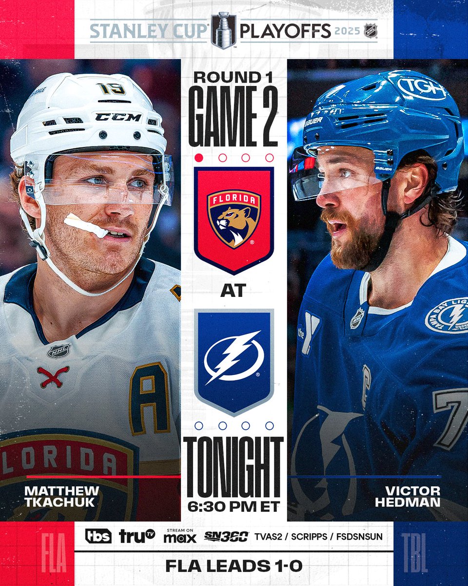 NHL Public Relations (@nhlpr) on Twitter photo Game 2 of the “Battle of Florida” sees the <a href="/FlaPanthers/">x - Florida Panthers</a> attempt to take a 2-0 series lead while the <a href="/TBLightning/">Tampa Bay Lightning</a> look to head to Sunrise tied at one apiece. #StanleyCup
🕡: 6:30 p.m. ET
📺: <a href="/TBSNetwork/">TBS Network</a>, <a href="/SportsonMax/">Sports on Max</a>, <a href="/Sportsnet/">Sportsnet</a> 360, <a href="/TVASports/">TVA Sports</a> 2 Game 2 of the “Battle of Florida” sees the <a href="/FlaPanthers/">x - Florida Panthers</a> attempt to take a 2-0 series lead while the <a href="/TBLightning/">Tampa Bay Lightning</a> look to head to Sunrise tied at one apiece. #StanleyCup
🕡: 6:30 p.m. ET
📺: <a href="/TBSNetwork/">TBS Network</a>, <a href="/SportsonMax/">Sports on Max</a>, <a href="/Sportsnet/">Sportsnet</a> 360, <a href="/TVASports/">TVA Sports</a> 2