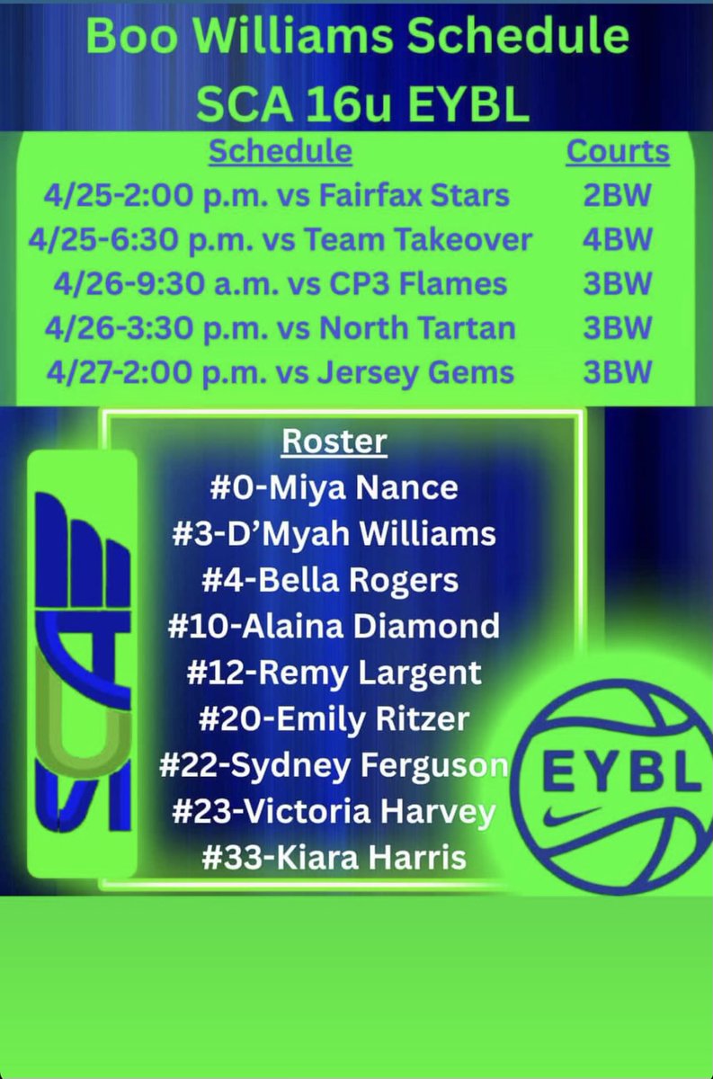 Sydney Ferguson (@syddysyd22) on Twitter photo Boo Williams this weekend! Hampton, VA
SCA 16u EYBL live Session 1 💙💚
<a href="/2027SCA/">Coach Johnson</a> <a href="/SCA_OH/">Sports City Angels</a> <a href="/NikeGirlsEYBL/">Nike Girls EYBL</a> Boo Williams this weekend! Hampton, VA
SCA 16u EYBL live Session 1 💙💚
<a href="/2027SCA/">Coach Johnson</a> <a href="/SCA_OH/">Sports City Angels</a> <a href="/NikeGirlsEYBL/">Nike Girls EYBL</a>