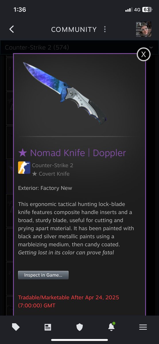 Selling Nomad Doppler (Phase 3)
$1250 AUD (Cheapest on Csfloat is 1430)
PAYID/BANK TRANSFER 
DM ME