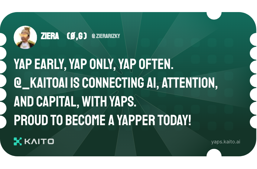 ZieraRizky's tweet photo. Yap early, yap only, yap often.

@KaitoAI is connecting AI, attention and capital with Yaps.

Just claimed my social card and I'm accumulating Yap points in real-time.

Claim yours 👉 https://t.co/KT6KbNQRhk https://t.co/w696NuRvZn