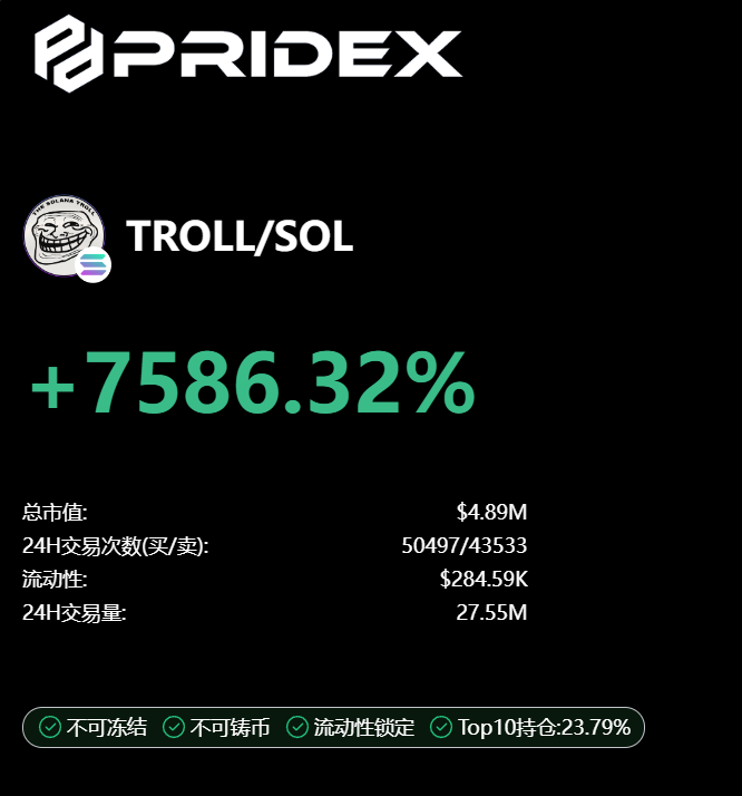 JayZhou10648's tweet photo. 🚀🚀两天前是4653%，两天后是7586%! 
TROLL 24h内上涨+7586.32%，现价$0.0₂4892, 用PRIDEX更快发现，更快买卖！
wuZ6vfM35my4BcNEBXWjr4twBvPtU7CGT5Boyxjpump
平台地址：https://t.co/os4tRikmBg
电报群：https://t.co/5hvlWZDlf0 #pridex #meme #sol #memecoin100x #CryptoTrading #金狗 https://t.co/tuiNxCugIN