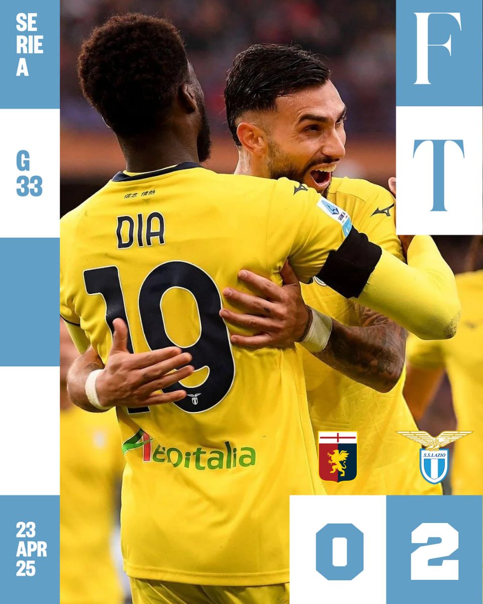 FT | #GenoaLazio 0-2

⚽ <a href="/tatycaste11anos/">Valentin Castellanos</a>
⚽ <a href="/Diaboulaye11/">Boulaye Dia</a> 

#SerieA
#AvantiLazio 🦅