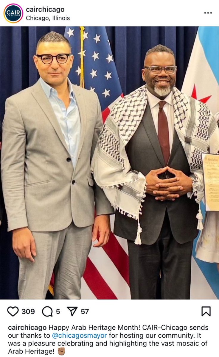 Chicago Mayor Brandon Johnson’s approval rating is tanking—nearing single digits. So naturally, he showed up at a Muslim Brotherhood-linked event wearing a terror-supporting keffiyeh.

He’s destroyed Chicago and keeps showing just how unfit he is to lead.