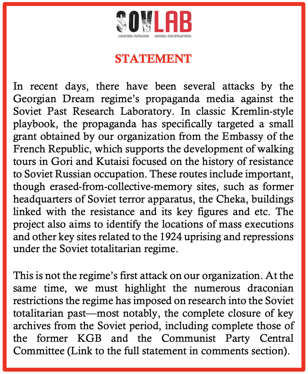 SovLab's tweet photo. Statement on Georgian Dream regime attacks on Sovlab as well as the Embassy of France to Georgia https://t.co/LYYY8Gj5bQ