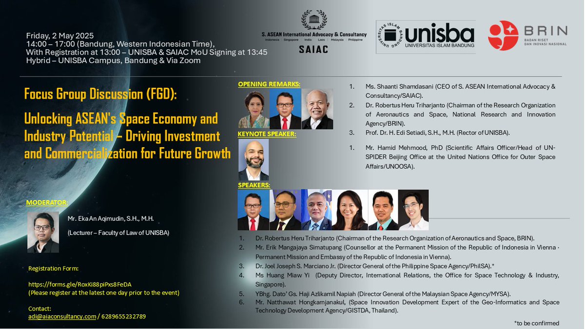 The event will be held in hybrid on:

Date : Friday, 2 May 2025
Time : 14:00 – 17:00 (Bandung / Western Indonesian Time).

Registration Form: forms.gle/RoxKi88piPxs8F…