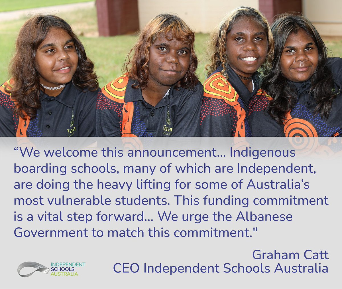 ISA has welcomed today’s announcement by the Coalition of a significant new funding package for Indigenous boarding schools.

ISA CEO Graham Catt said the announcement recognises the vital role that Indigenous boarding schools play in closing the education gap for students from