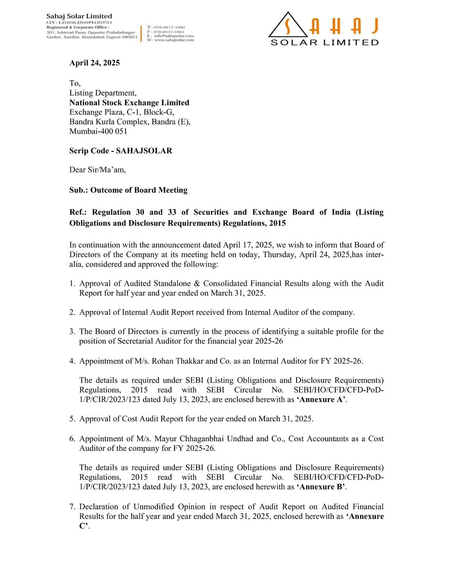 nileshkurhade's tweet image. 📌 Sahaj Solar Limited informed the exchange about its approval for the financial results for the period ended March 31, 2025. #SME #SAHAJSOLAR 📄🧾
