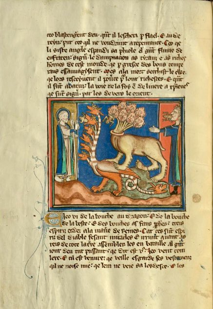 A woman's family fighting the dragon while she is fleeing into the air (f. 30v); three unclean spirits, like toads, vomited out by the dragon, the beast and the false prophet (f. 40v)

Ms. II 282 <a href="/kbrbe/">KBR</a>, the Book of Revelation in French, England, c. 1325:

uurl.kbr.be/2242584