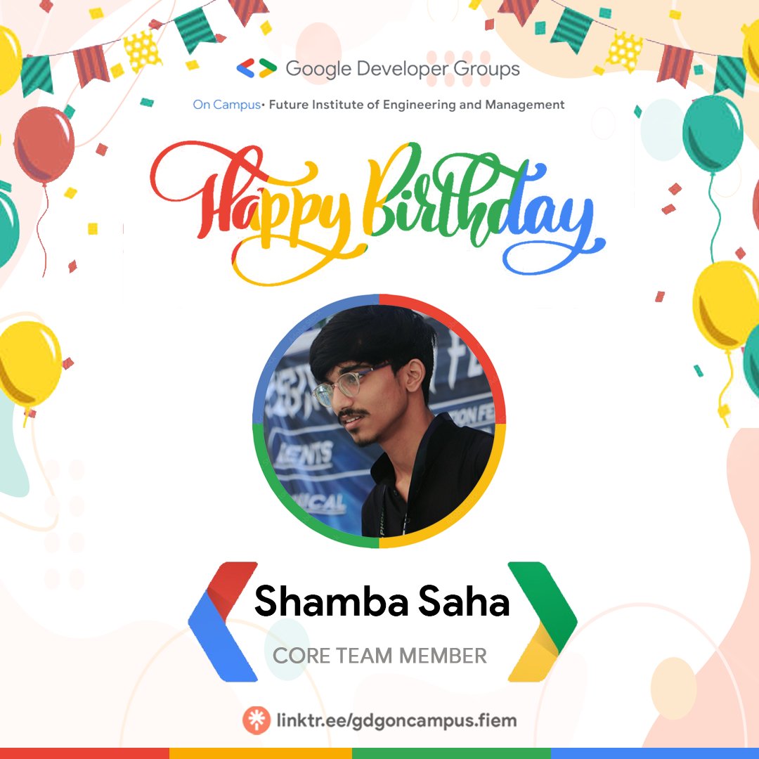 Be it bringing that creative touch into our socials, or making this team feel akin to home, he adds a dash of familiar levity to all this tech. 🪄

The GDG On Campus FIEM team wishes its Core Team member, Shamba Saha, a very happy birthday. 🎊

#gdgoncampusfiem
#gdgoncampus
#gdg
